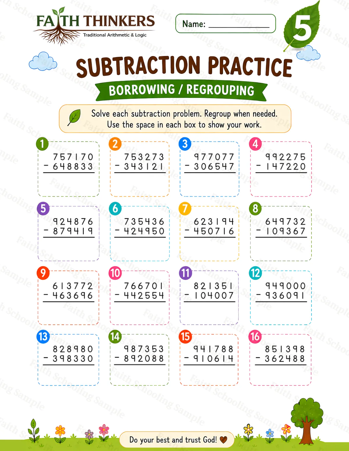 5th Grade math worksheet — Summer Subtraction Practice 3 (free printable)