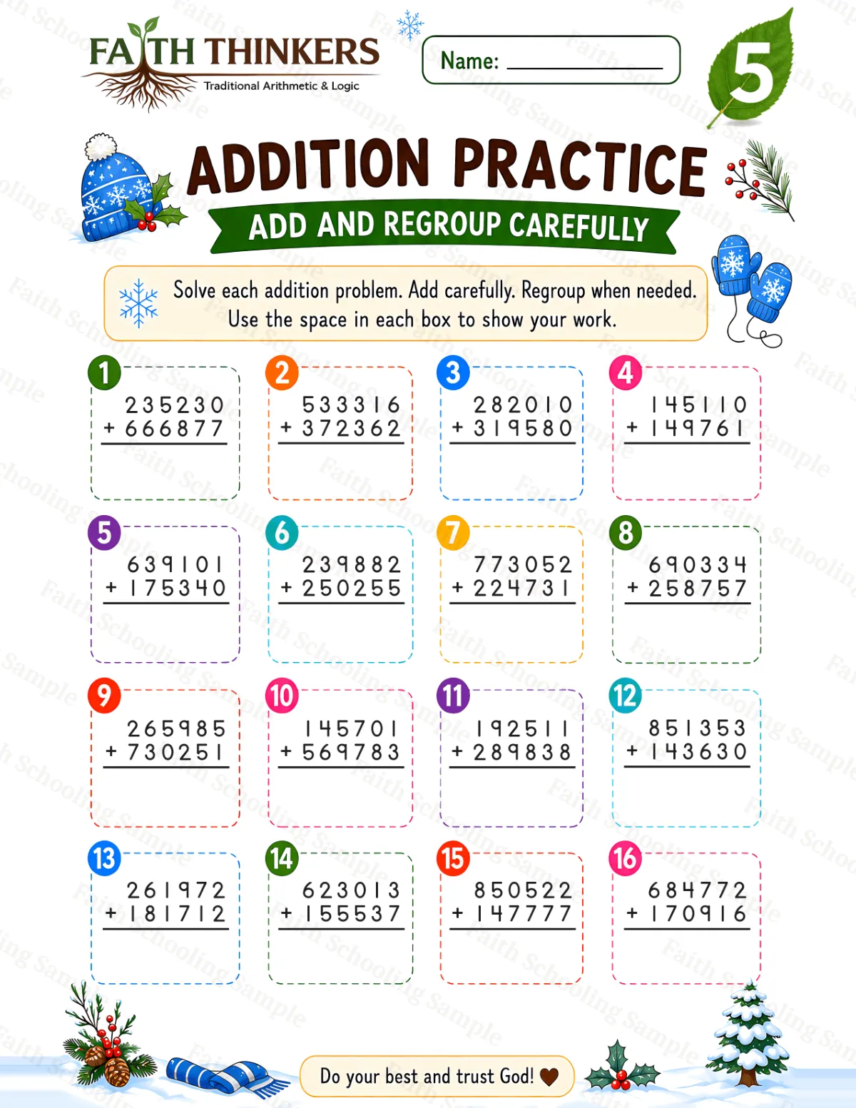 5th Grade math worksheet — Winter Addition Practice 1 (free printable)