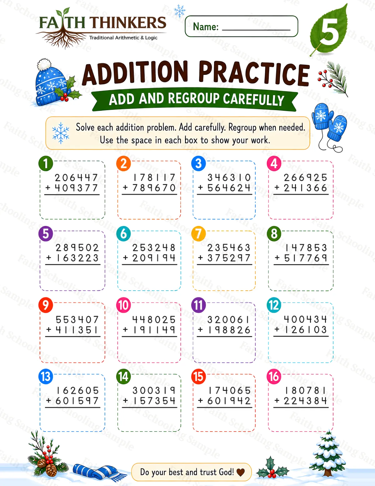5th Grade math worksheet — Winter Addition Practice 3 (free printable)