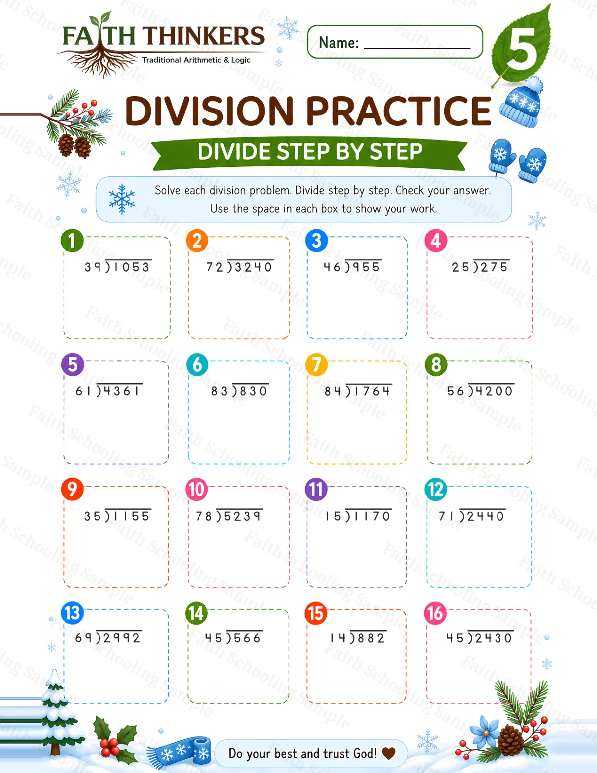 5th Grade math worksheet — Winter Division Practice 3 (free printable)
