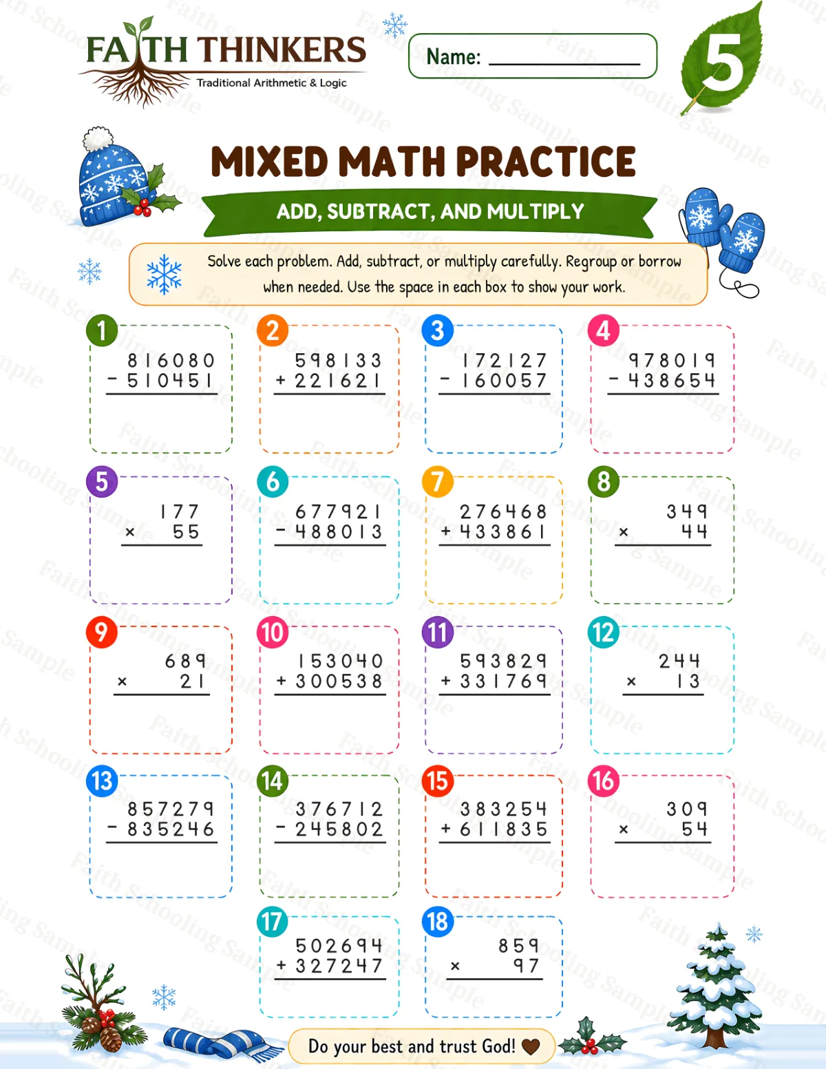 5th Grade math worksheet — Winter Mixed Practice 1 (free printable)
