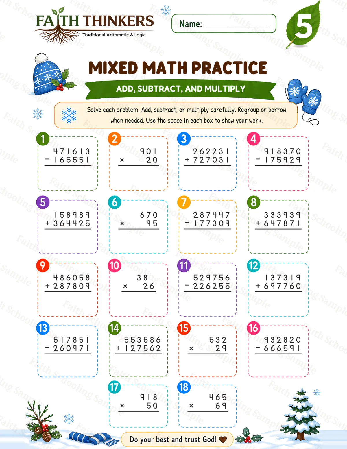 5th Grade math worksheet — Winter Mixed Practice 2 (free printable)