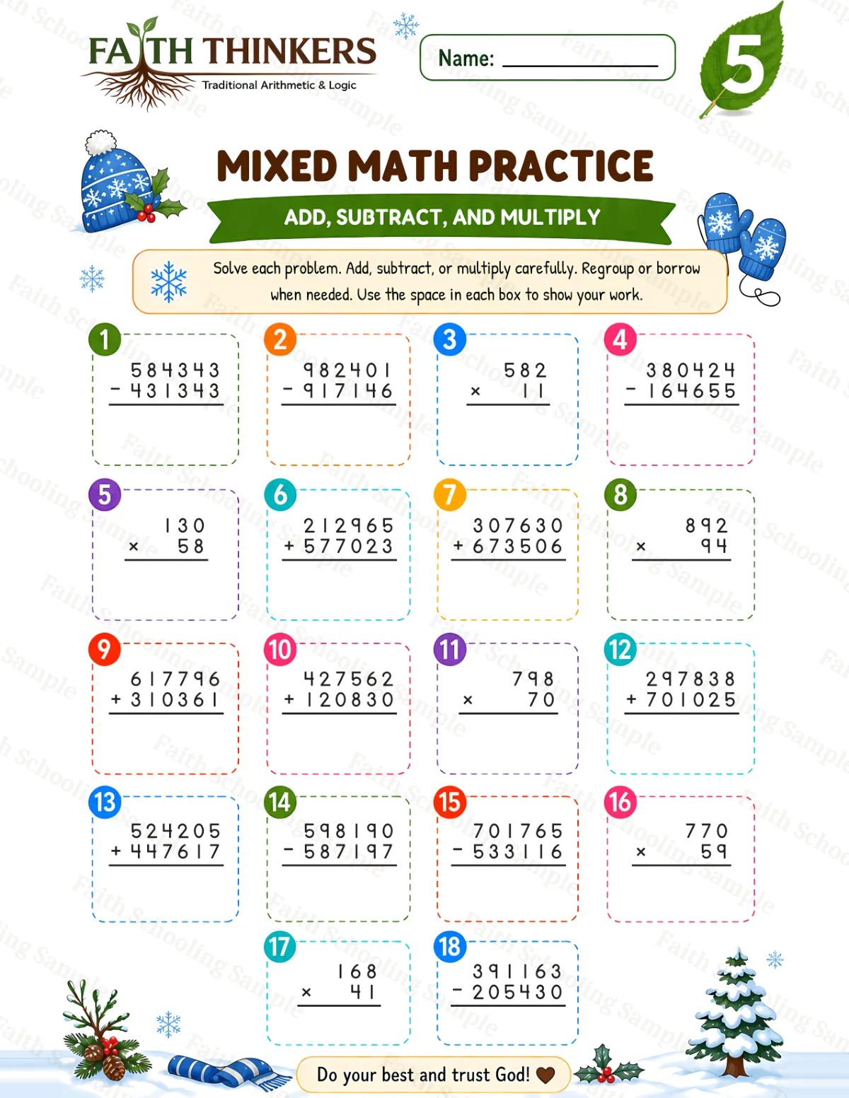 5th Grade math worksheet — Winter Mixed Practice 3 (free printable)
