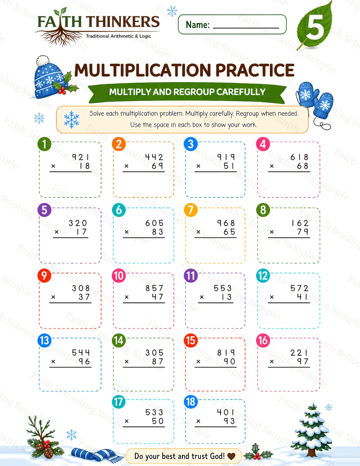 5th Grade math worksheet — Winter Multiplication Practice 3 (free printable)