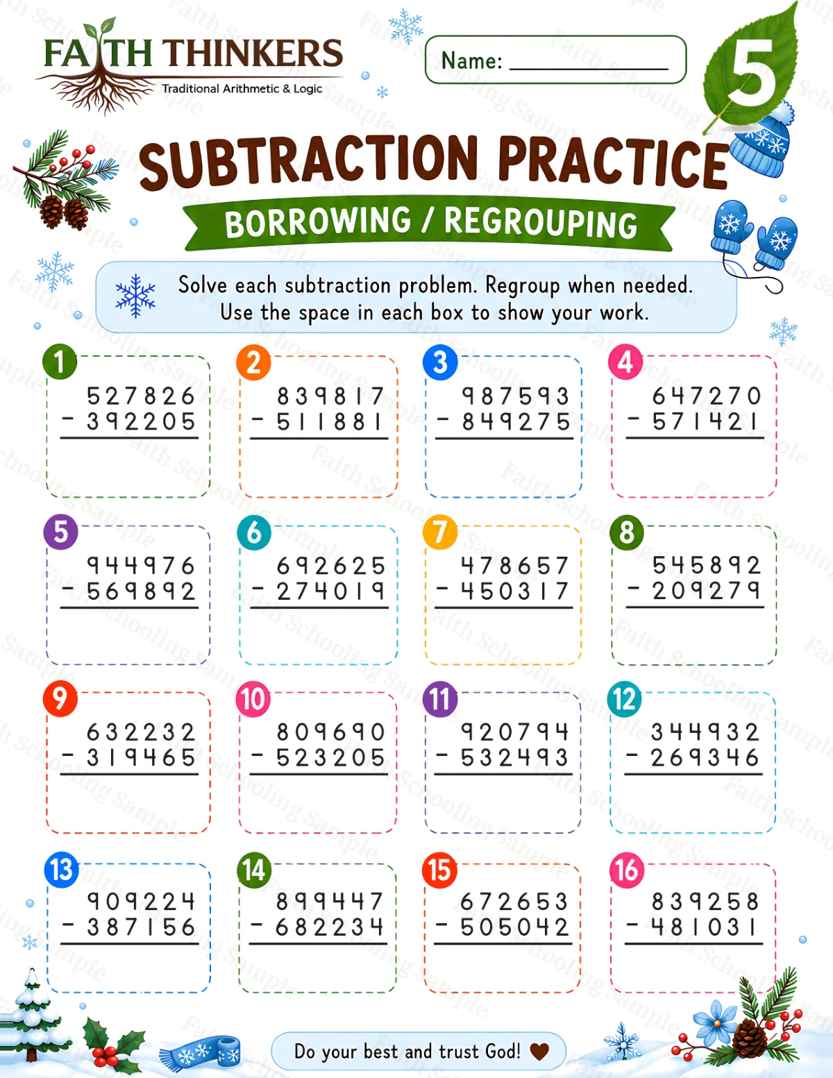 5th Grade math worksheet — Winter Subtraction Practice 1 (free printable)