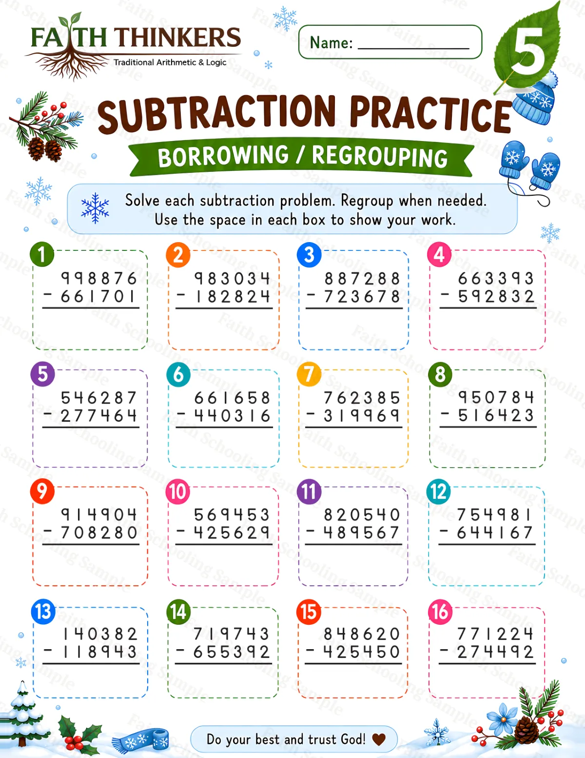 5th Grade math worksheet — Winter Subtraction Practice 2 (free printable)