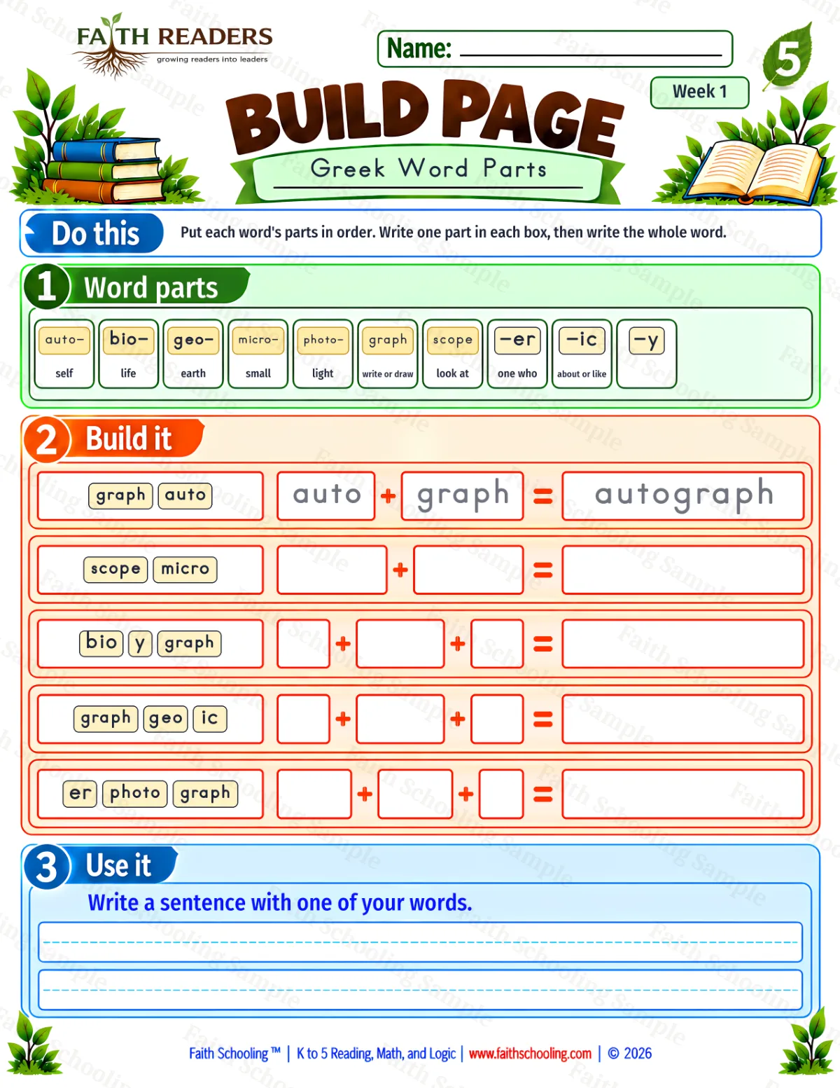 5th Grade phonics worksheet — Build 1: Greek Word Parts (free printable)