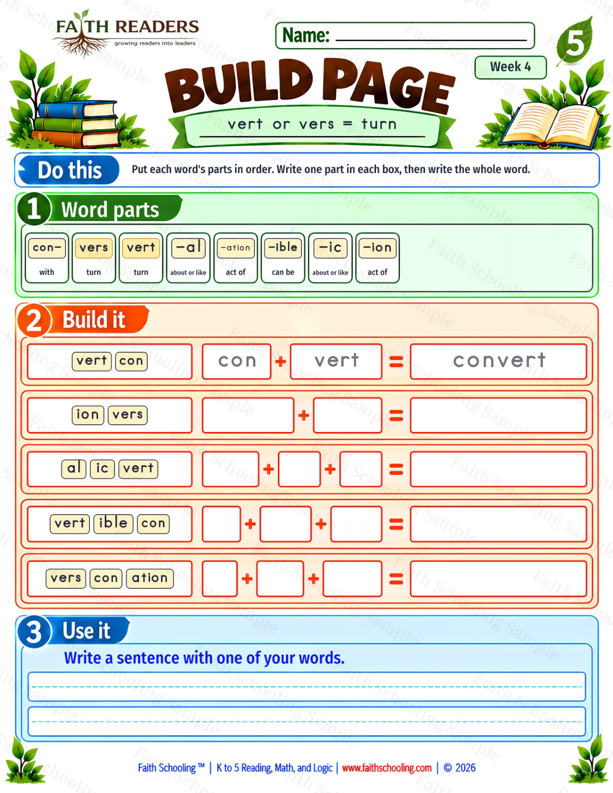 5th Grade phonics worksheet — Word Building & Unscramble. Build 3: vert or vers = turn (free printable)