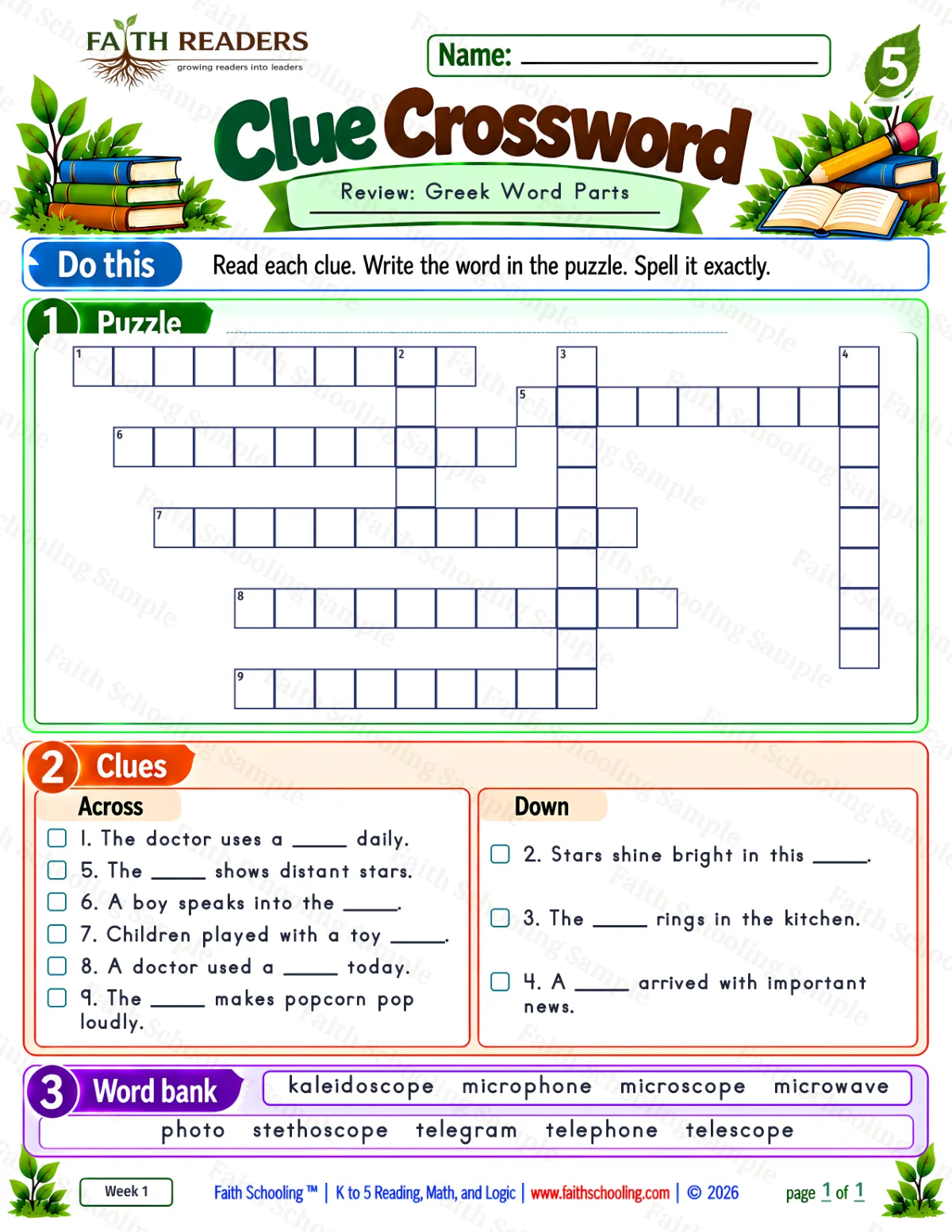 5th Grade phonics worksheet — Word Games & Puzzles. Clue Crossword 1: Greek Word Parts (free printable)