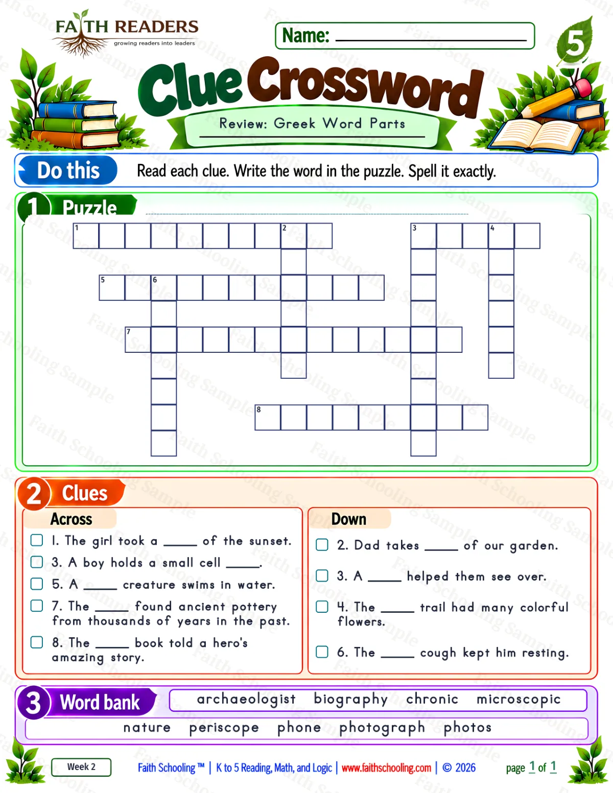 5th Grade phonics worksheet — Word Games & Puzzles. Clue Crossword 2: Greek Word Parts (free printable)
