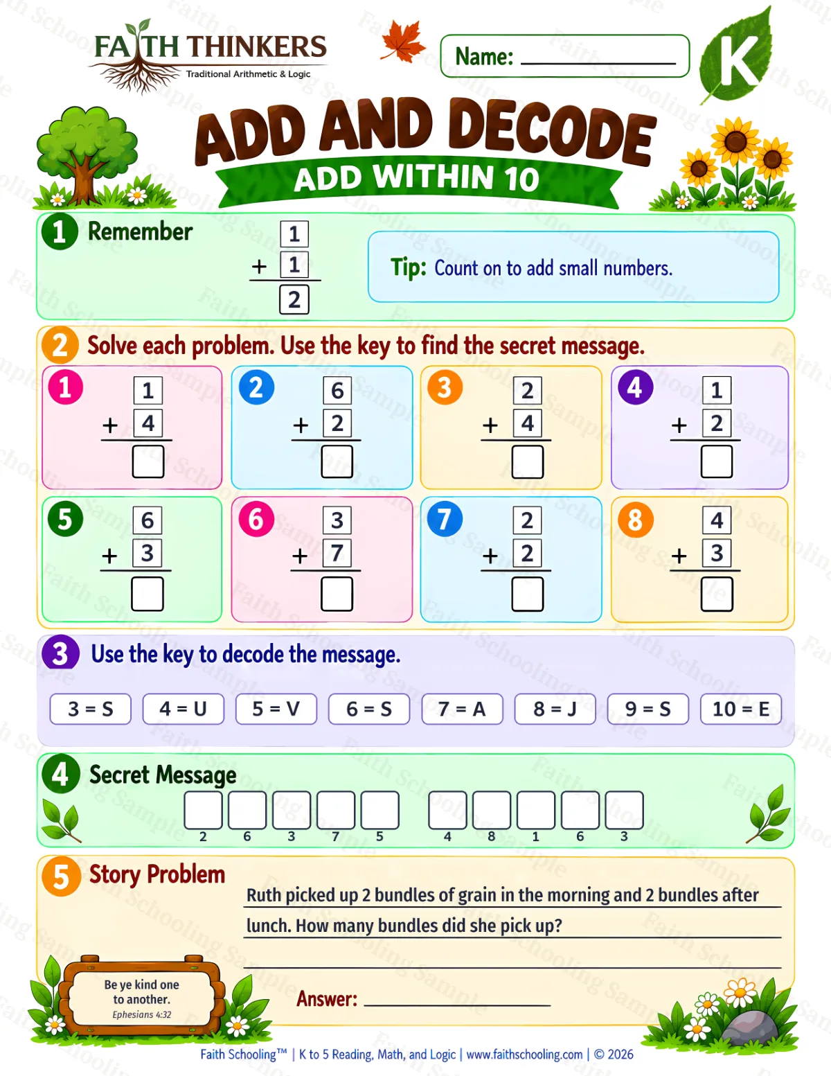 Kindergarten math worksheet — Addition as Joining Practice 3 (free printable)