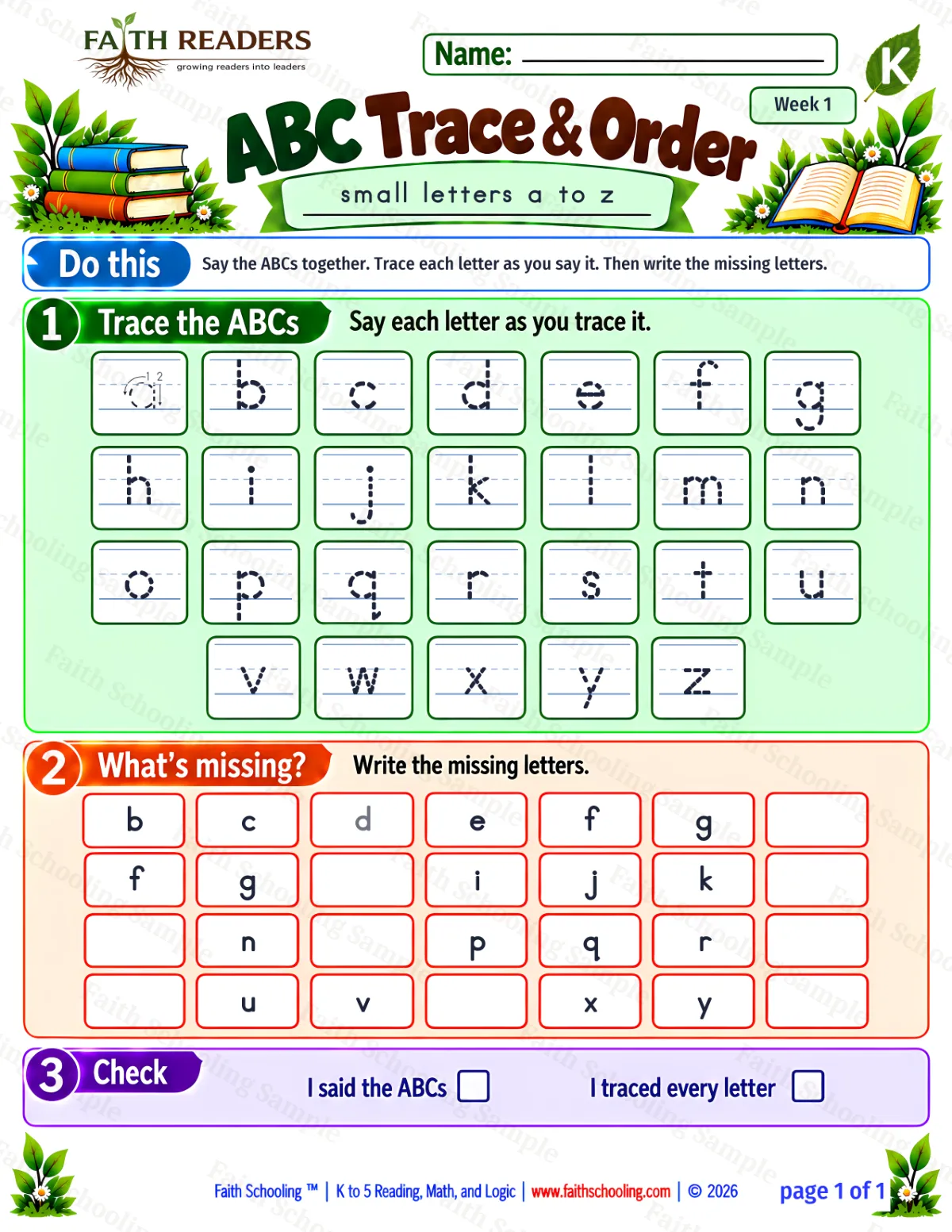 Kindergarten phonics worksheet — Alphabetical Order. ABC Trace And Order 1 (free printable)