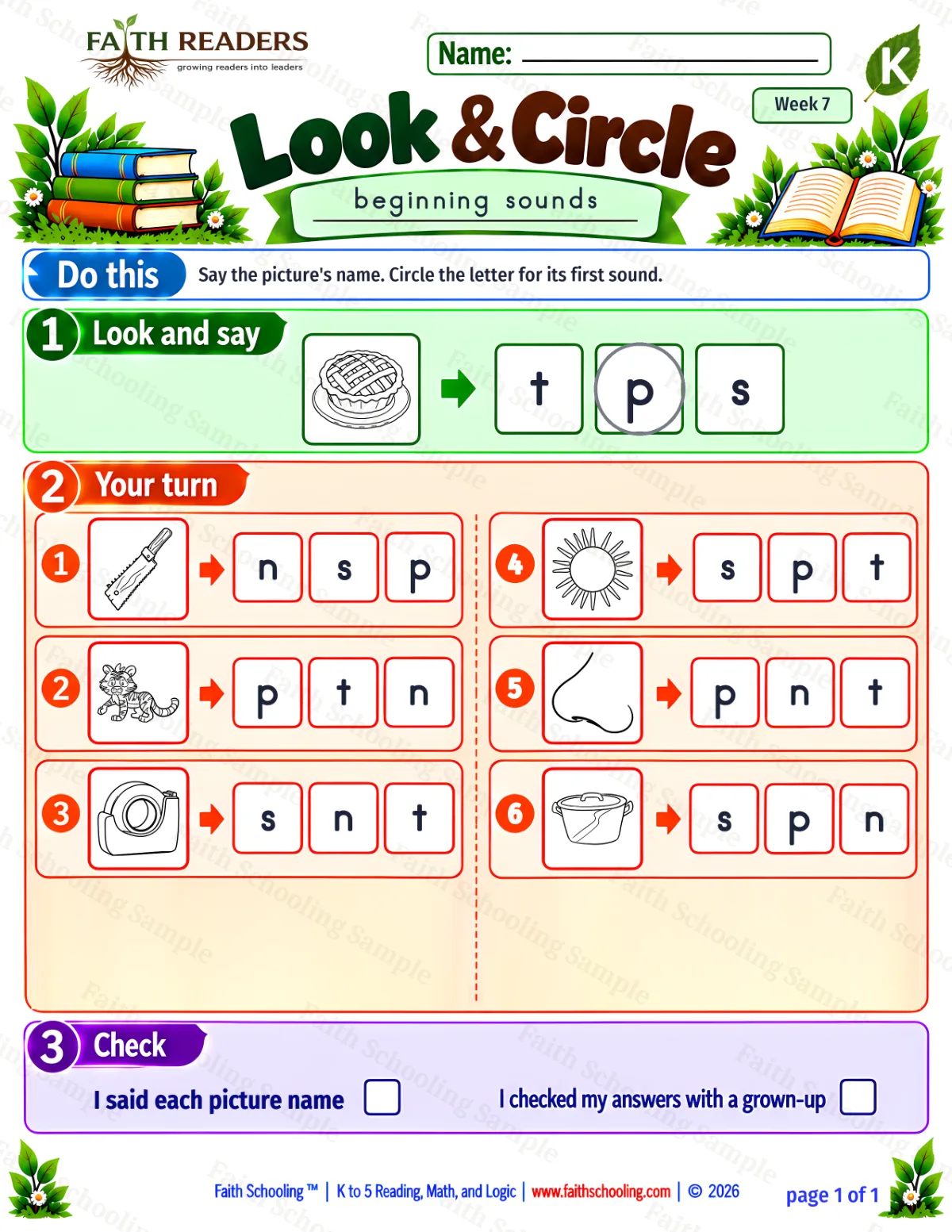 Kindergarten phonics worksheet — Beginning, Middle, and Ending Sounds. Look And Circle 1: saw, tiger, tape and sun (free printable)
