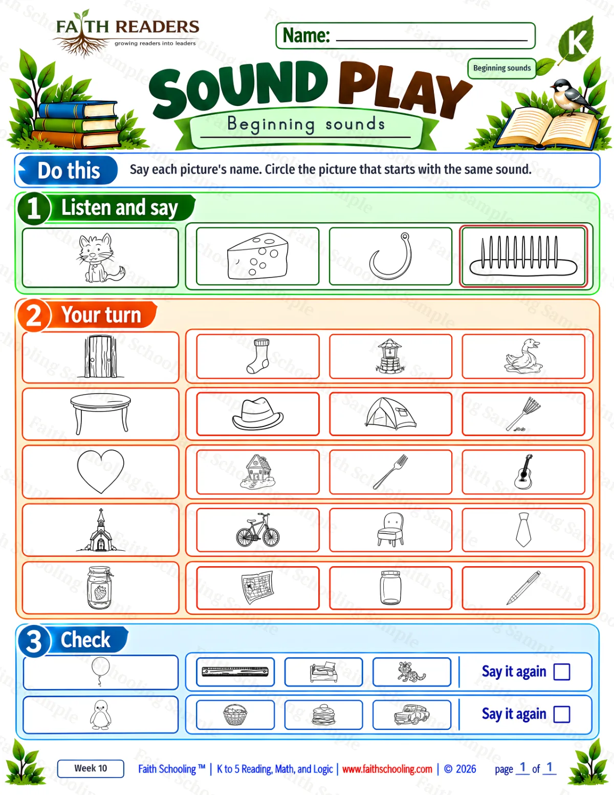 Kindergarten phonics worksheet — Beginning, Middle, and Ending Sounds. Sound Play 1: balloon, basket, bed and bike (free printable)