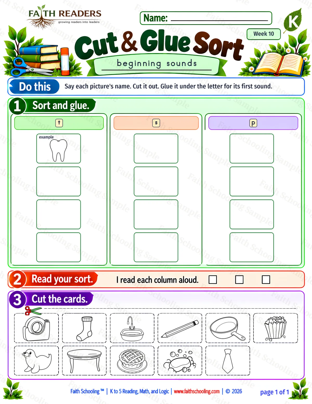 Kindergarten phonics worksheet — Beginning, Middle, and Ending Sounds. Cut And Glue Sort 1: t, s and p (free printable)
