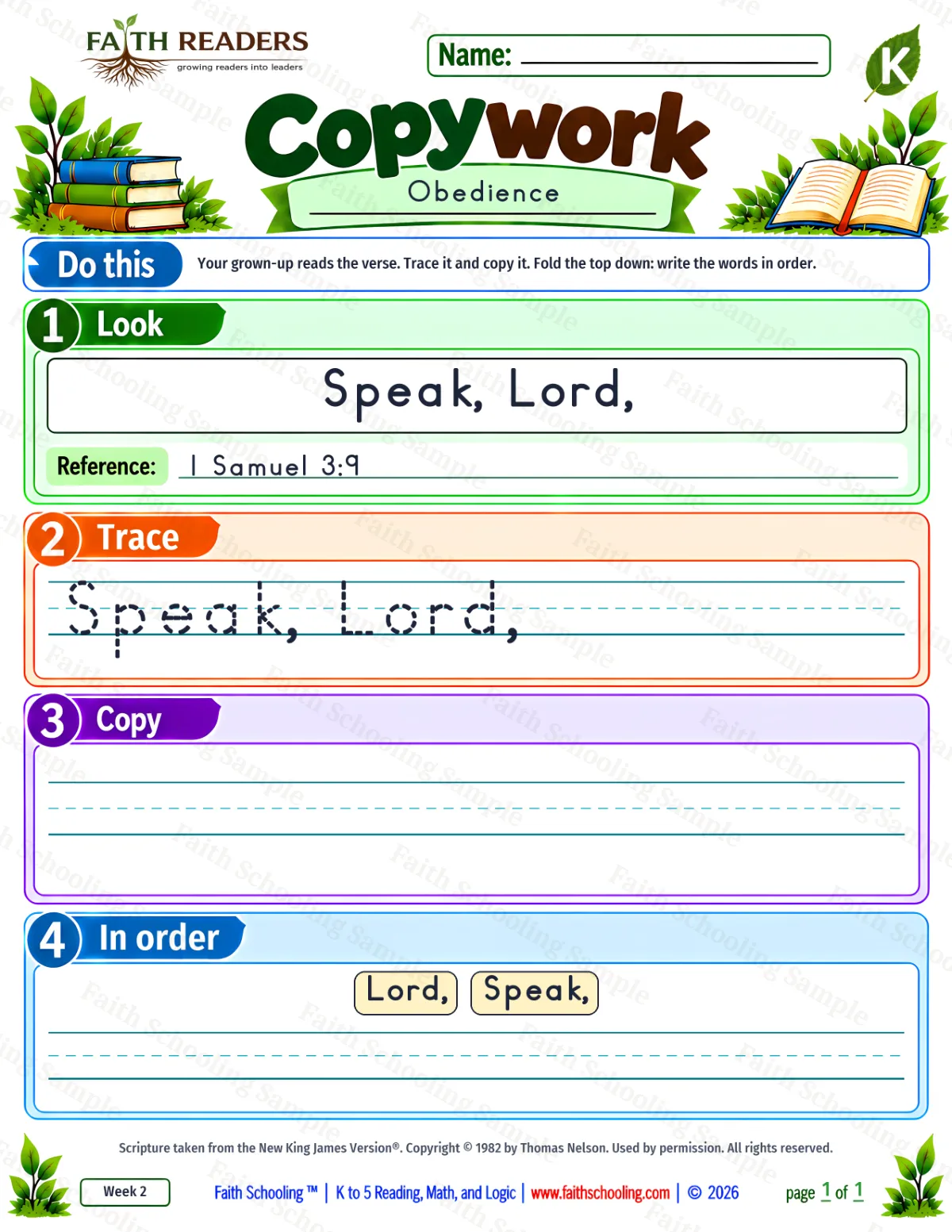 Kindergarten grammar & writing worksheet — Copywork 1: 1 Samuel 3:9 (Obedience) (free printable)