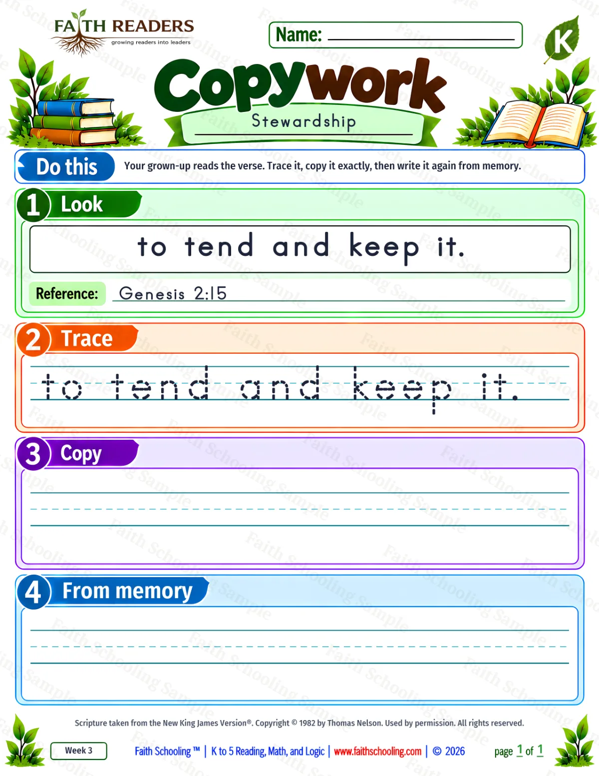 Kindergarten grammar & writing worksheet — Copywork 2: Genesis 2:15 (Stewardship) (free printable)