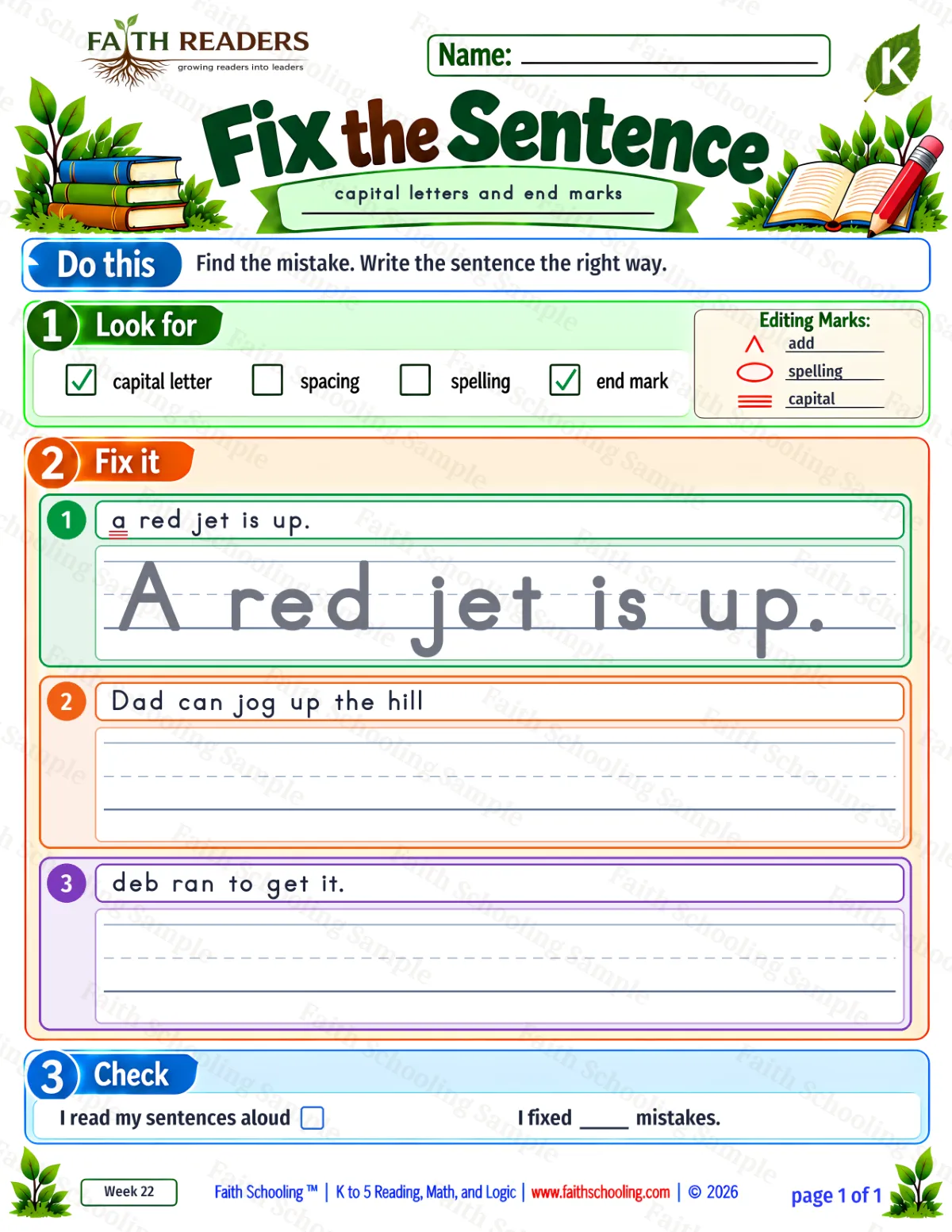 Kindergarten grammar & writing worksheet — Capitalization and Punctuation. Fix The Sentence 3: capital letters and end marks (free printable)