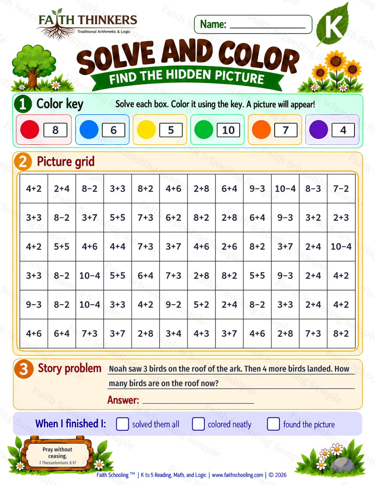 Kindergarten math worksheet — Color by Number Practice 3 (free printable)
