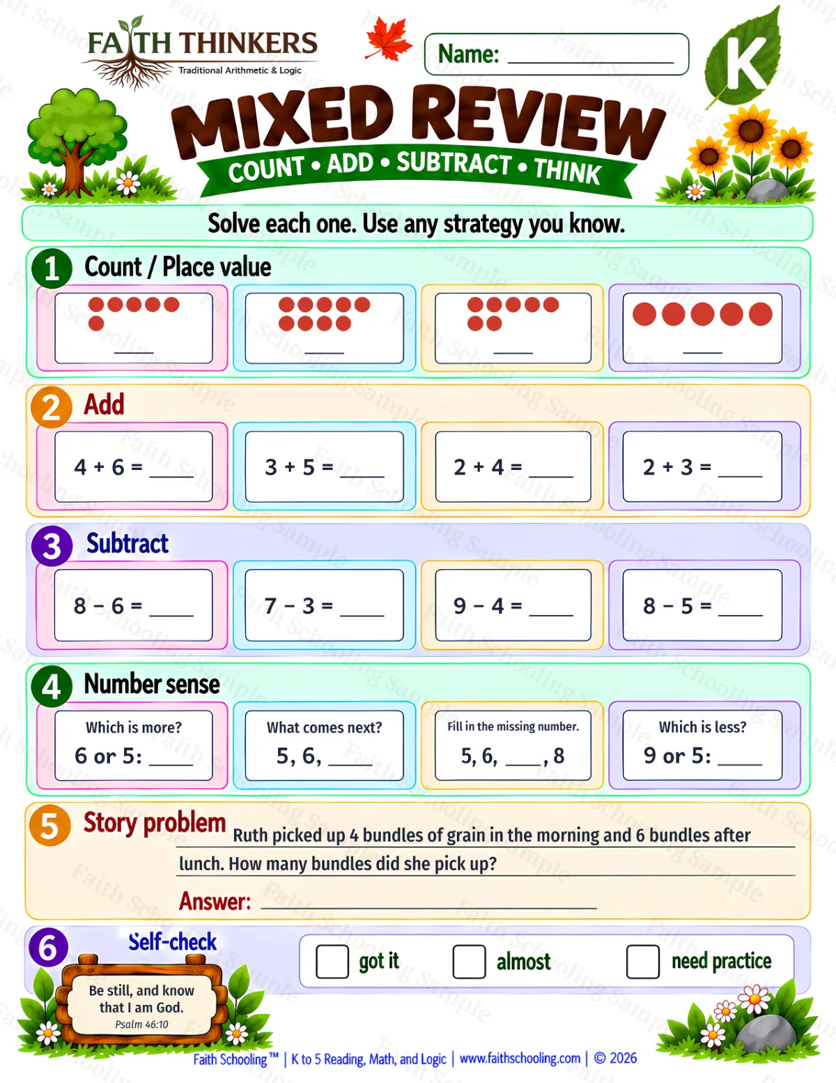 Kindergarten math worksheet — Core Skills Practice 1 (free printable)