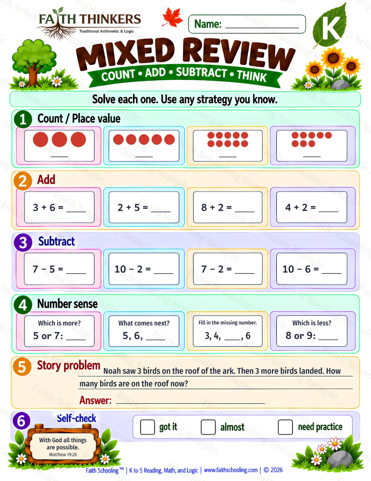 Kindergarten math worksheet — Core Skills Practice 2 (free printable)