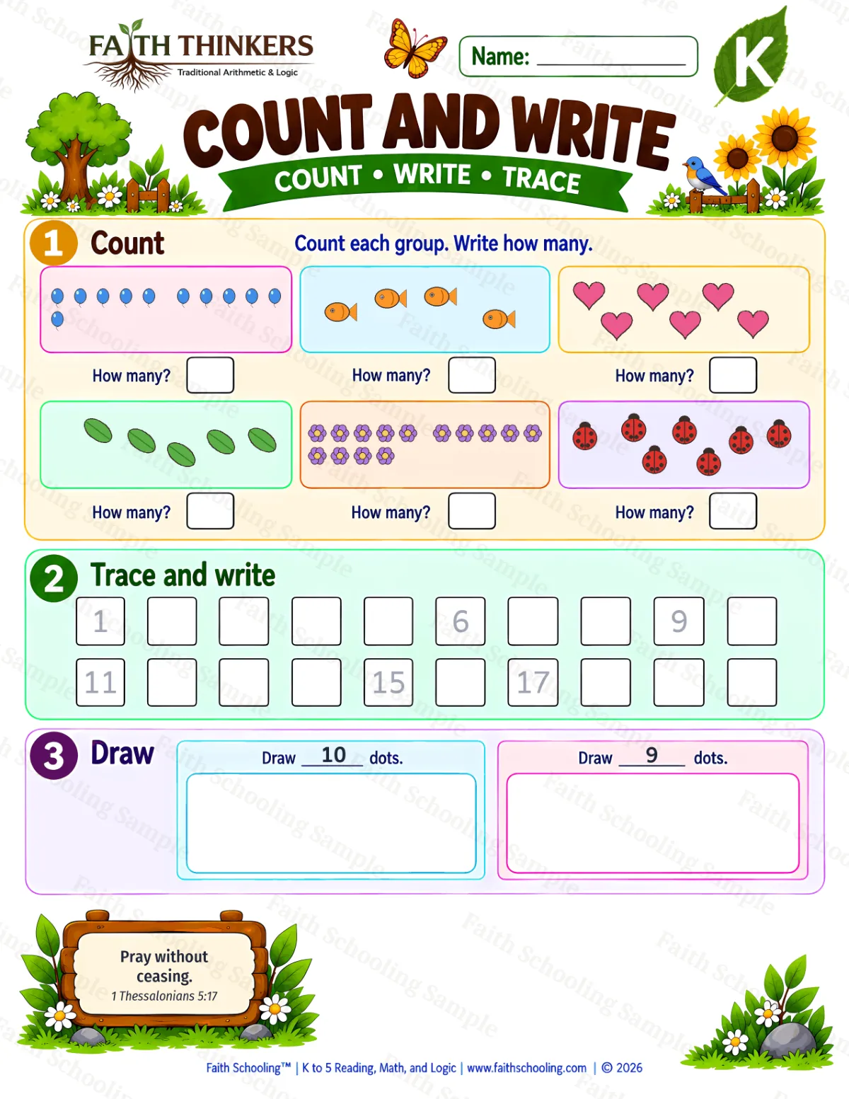 Kindergarten math worksheet — Counting Scattered Sets Practice 3 (free printable)