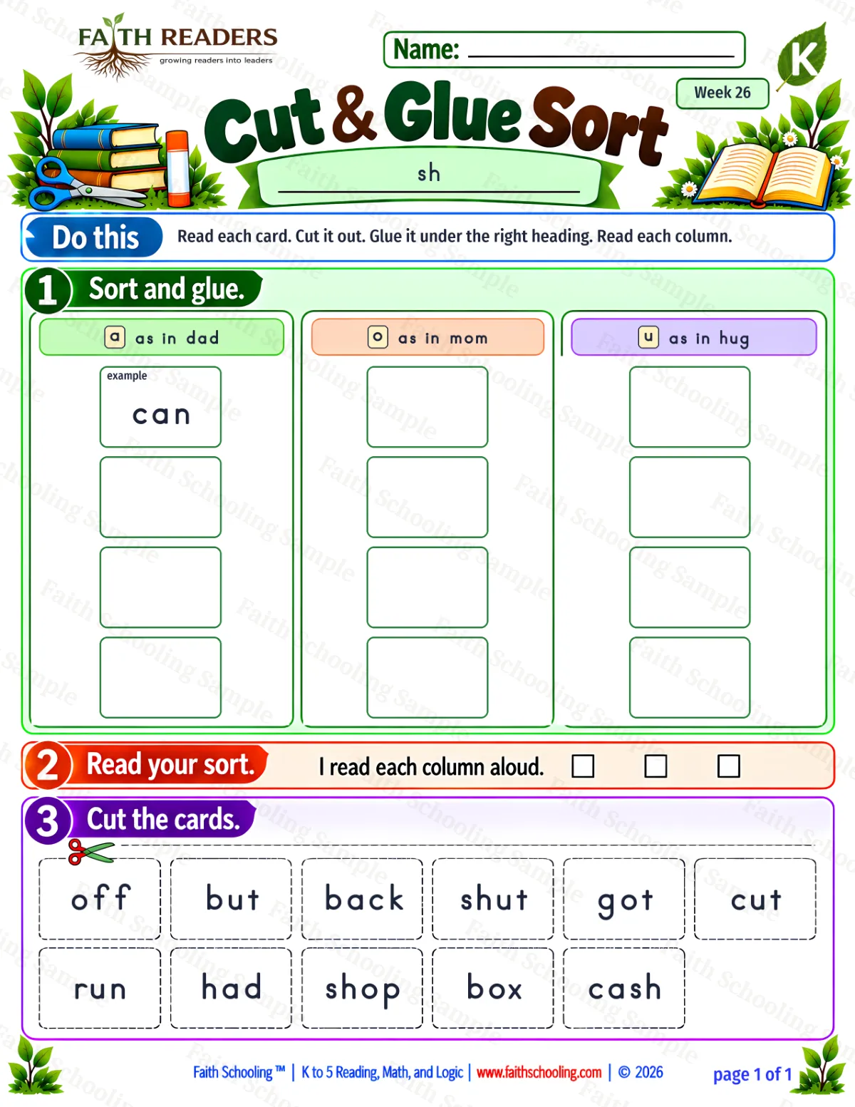 Kindergarten phonics worksheet — Digraphs sh, ch, th, wh. Cut And Glue Sort 1: a, o and u (free printable)