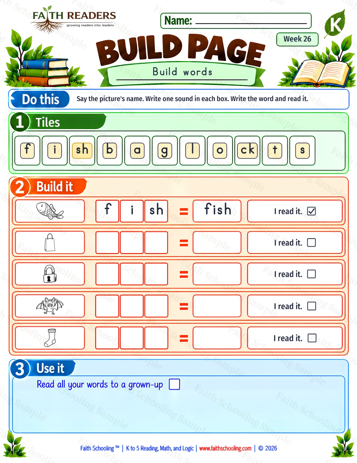 Kindergarten phonics worksheet — Digraphs sh, ch, th, wh. Build 1: fish, bag, lock and bat (free printable)