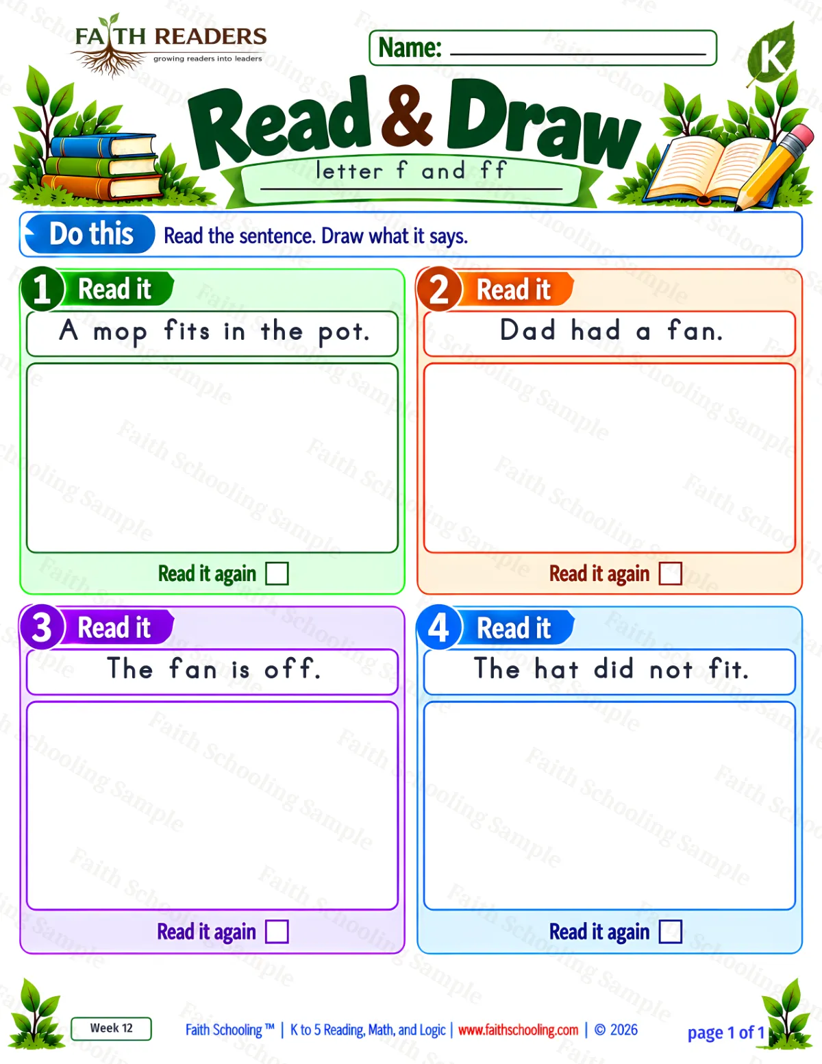 Kindergarten phonics worksheet — Double Consonants. Read And Draw 1: fan, fit, fits and off (free printable)