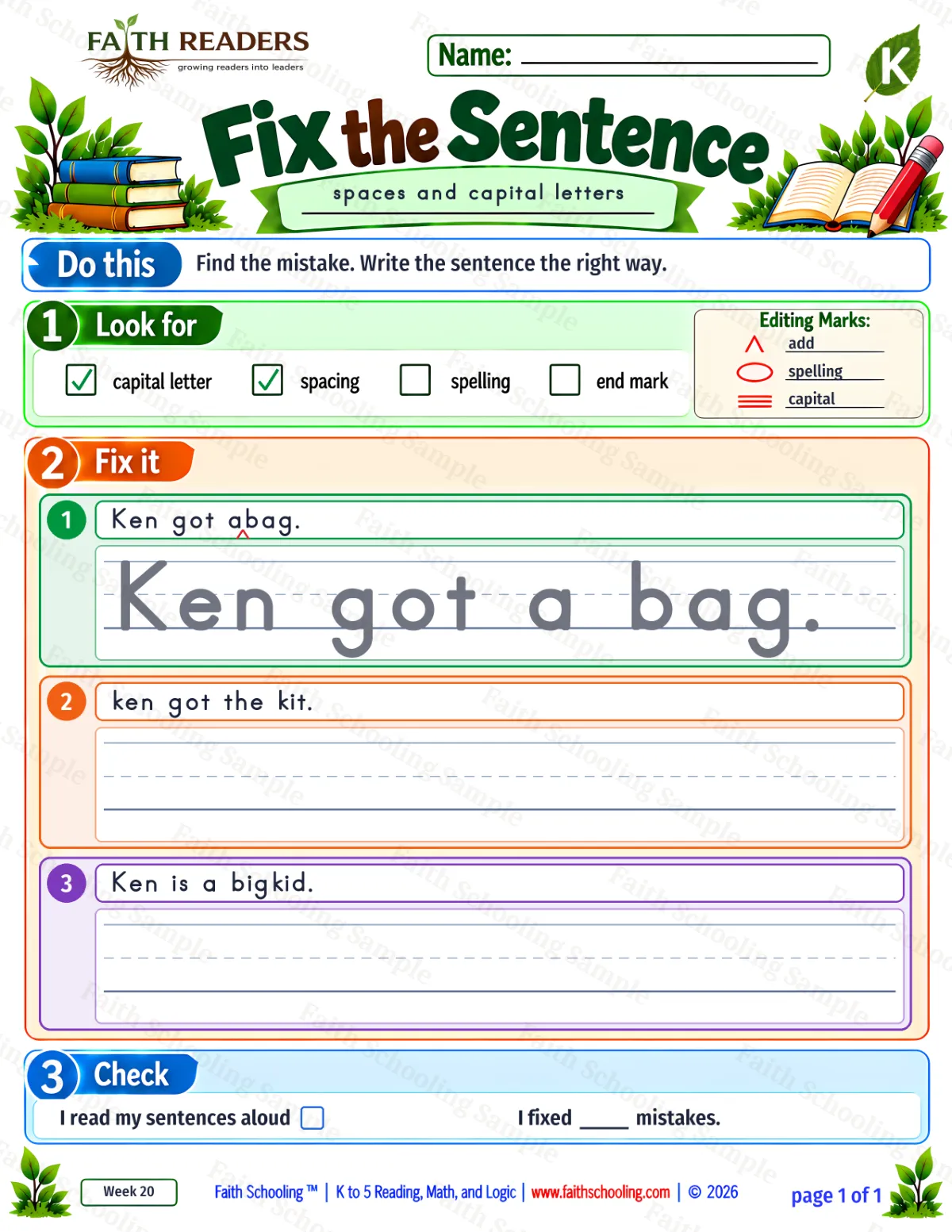 Kindergarten grammar & writing worksheet — Edit and Repair. Fix The Sentence 1: space and capital letters (free printable)
