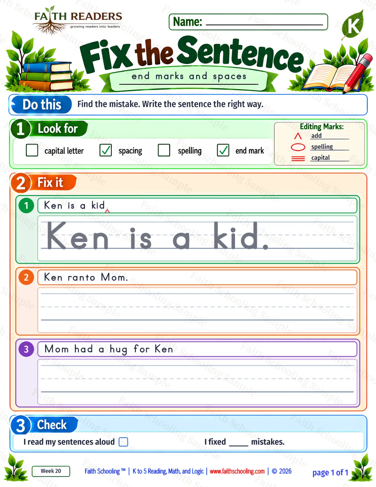 Kindergarten grammar & writing worksheet — Edit and Repair. Fix The Sentence 2: end marks and space (free printable)