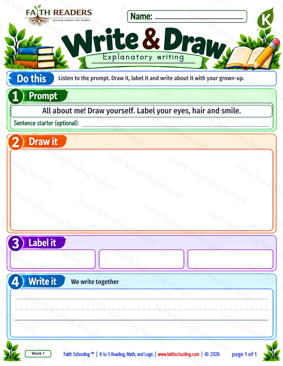 Kindergarten grammar & writing worksheet — Explanatory Writing. Write And Draw 1: me (explain) (free printable)