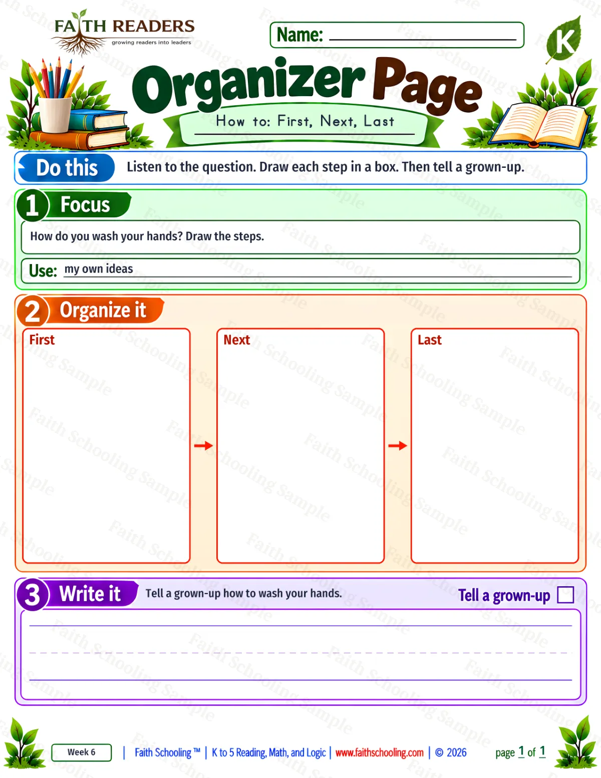 Kindergarten grammar & writing worksheet — Explanatory Writing. Organizer Page 1: How do you wash your hands? Draw the steps. (free printable)