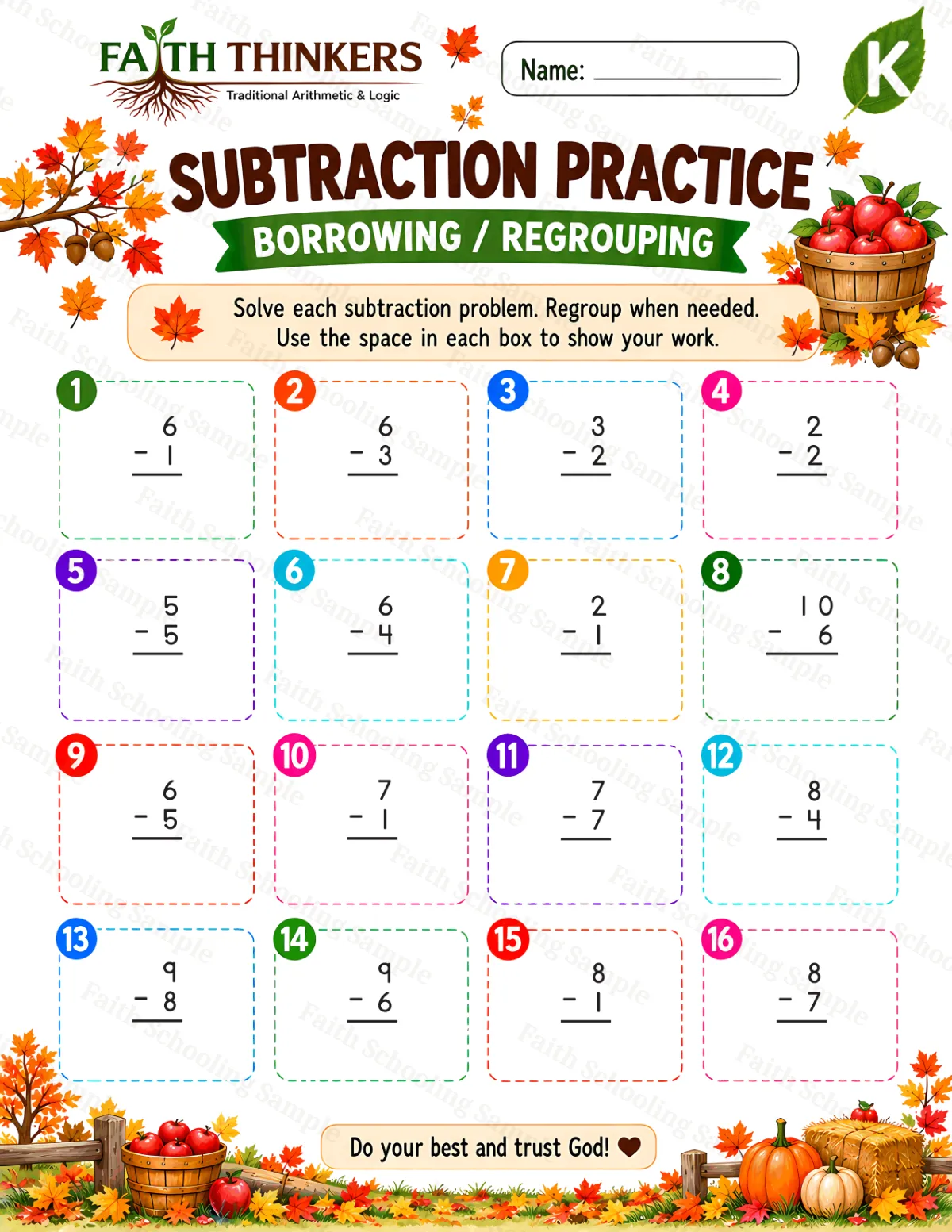 Kindergarten math worksheet — Fall Subtraction Practice 2 (free printable)