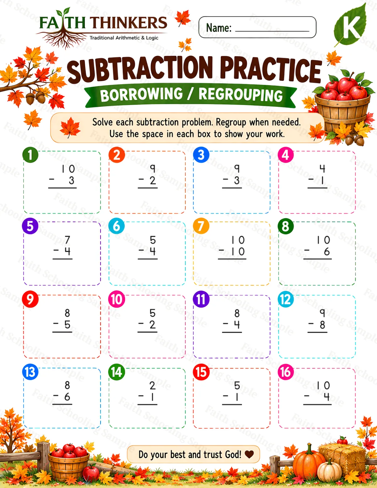 Kindergarten math worksheet — Fall Subtraction Practice 3 (free printable)