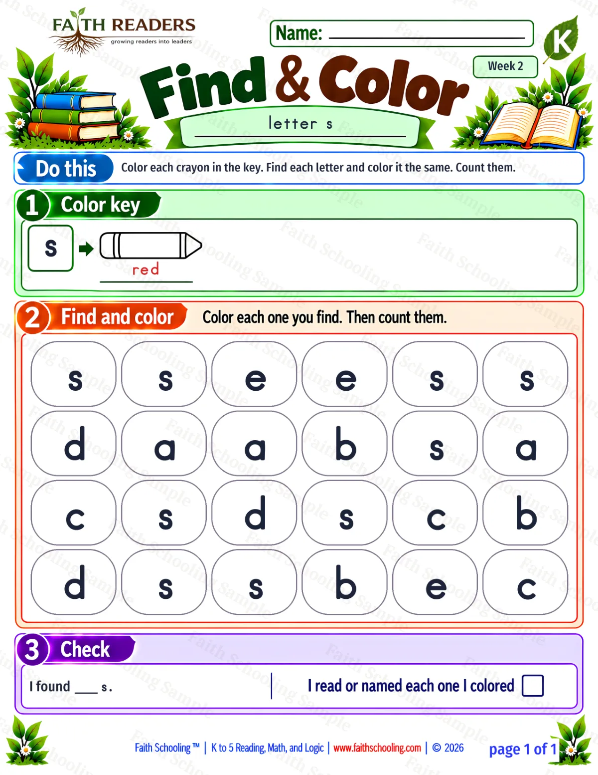 Kindergarten phonics worksheet — Find the Letter. Find And Color 1: s (free printable)