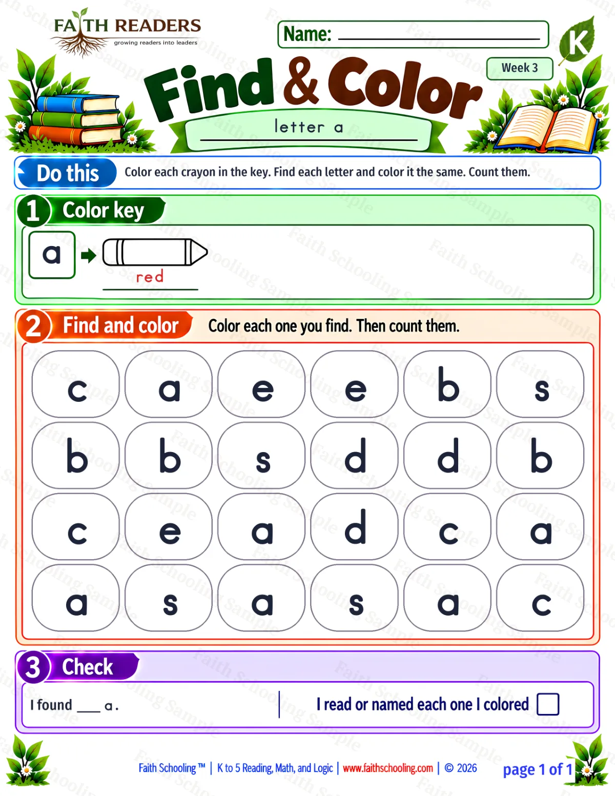 Kindergarten phonics worksheet — Find the Letter. Find And Color 3: a (free printable)