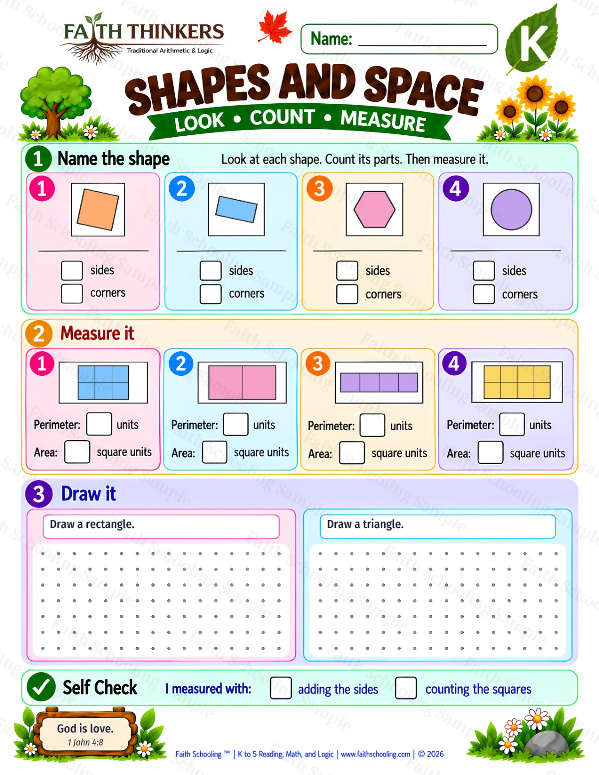 Kindergarten math worksheet — Geometry and Shapes Practice 1 (free printable)