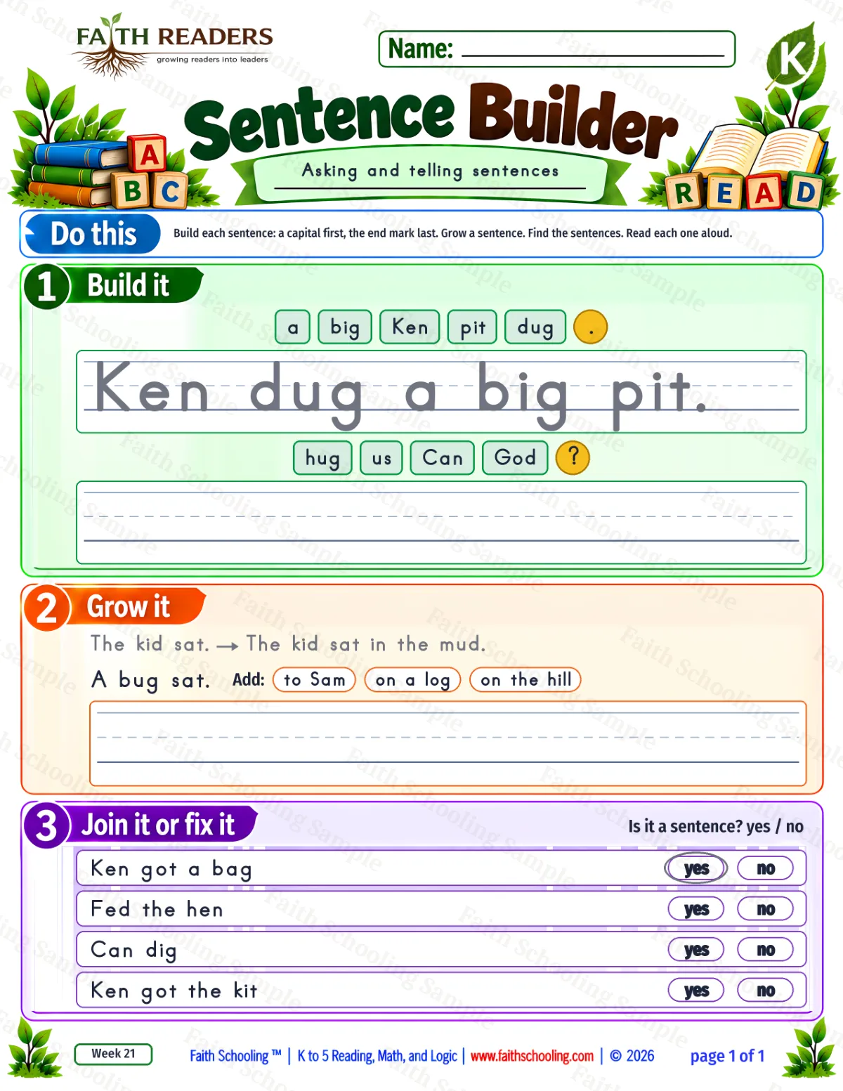 Kindergarten grammar & writing worksheet — Grammar. Sentence Builder 1: Ken dug a big pit. (free printable)