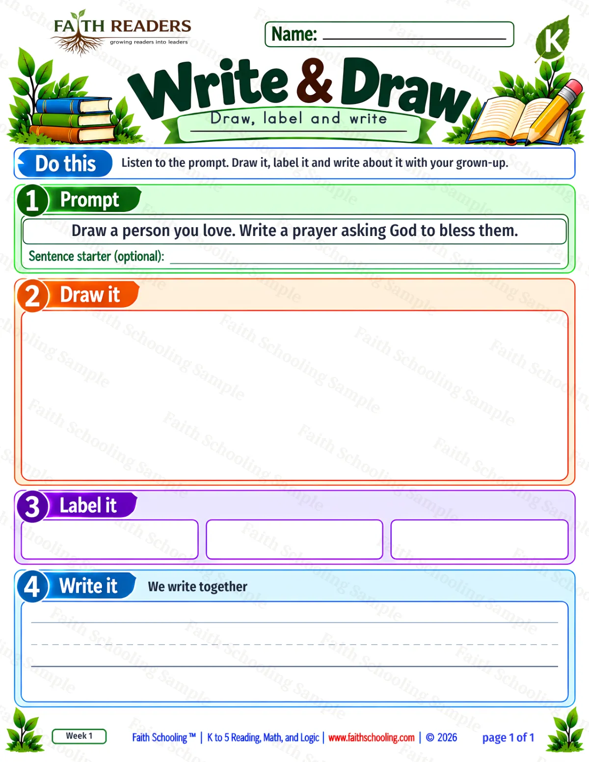 Kindergarten grammar & writing worksheet — Labeling. Write And Draw 1: Draw a person you love. (free printable)