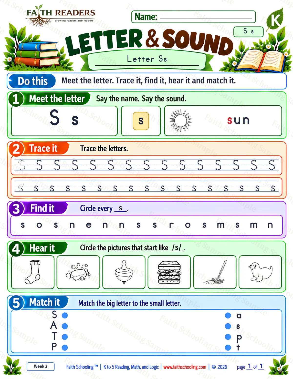 Kindergarten phonics worksheet — Letter Recognition. Letter Sound 1: the letter s (sun) (free printable)