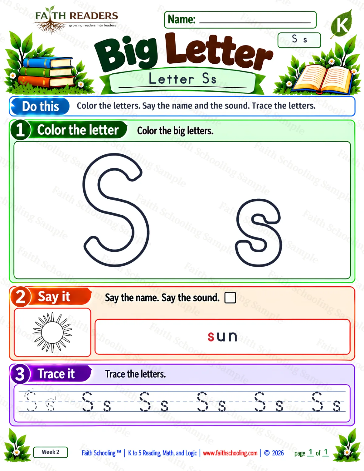 Kindergarten phonics worksheet — Letter Recognition. Big Letter 1: the letter s (sun) (free printable)