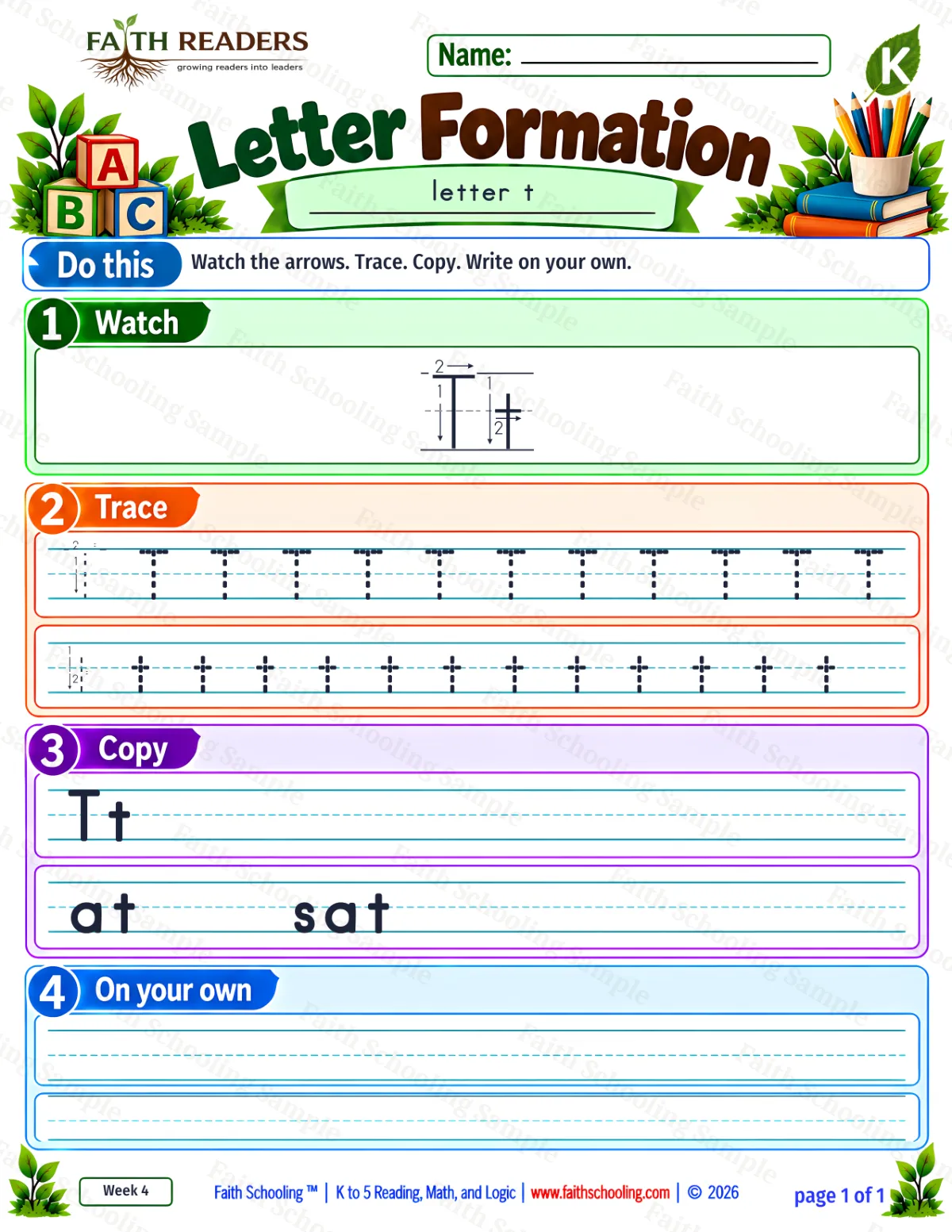 Kindergarten phonics worksheet — Letter Tracing and Printing. Letter Formation 3: t (free printable)