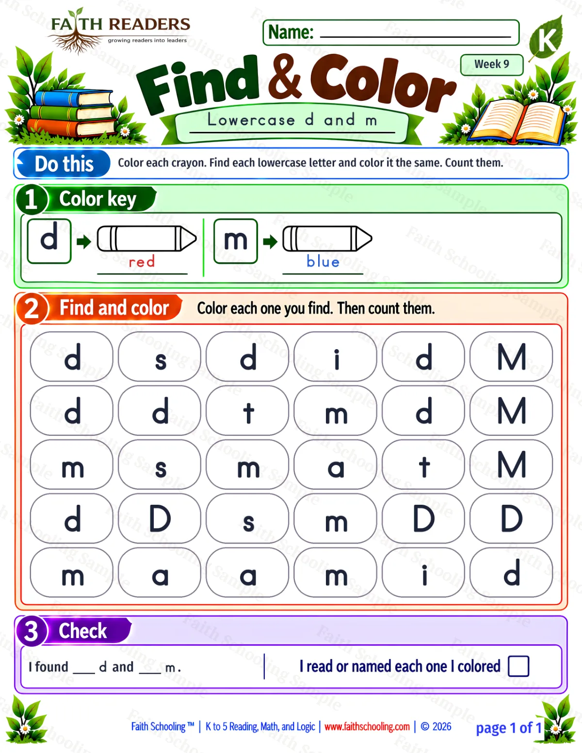 Kindergarten phonics worksheet — Lowercase Letters. Find And Color 1: d and m (free printable)