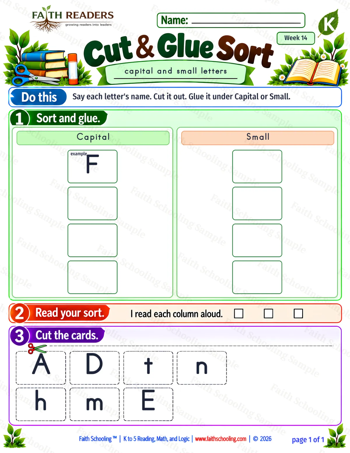Kindergarten phonics worksheet — Lowercase Letters. Cut And Glue Sort 1: capital and small (free printable)