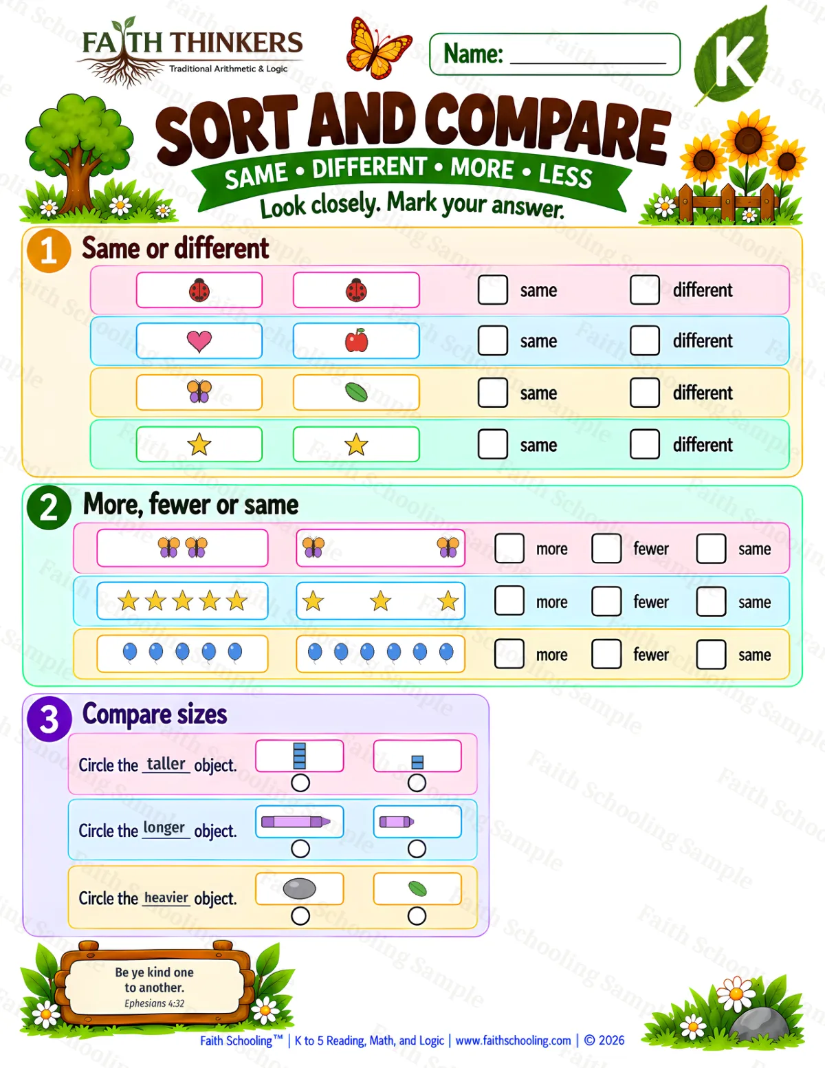 Kindergarten math worksheet — Matching and Classifying Practice 1 (free printable)