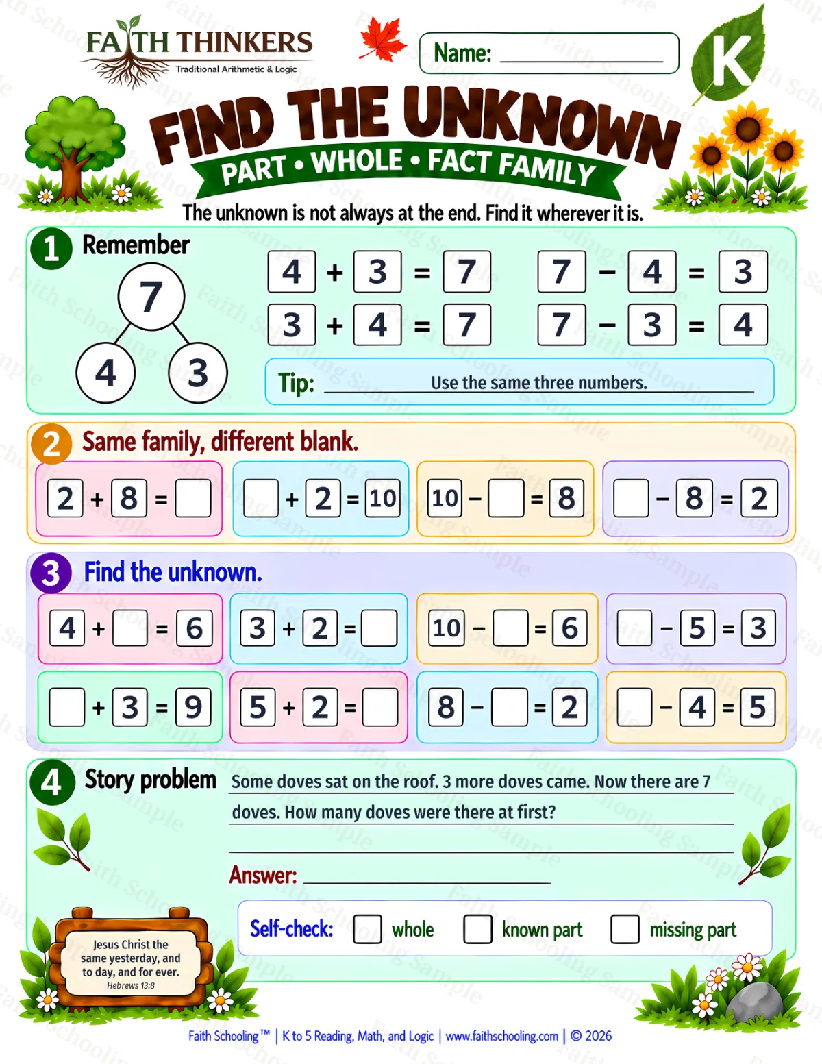 Kindergarten math worksheet — Missing Parts and Comparison Practice 1 (free printable)