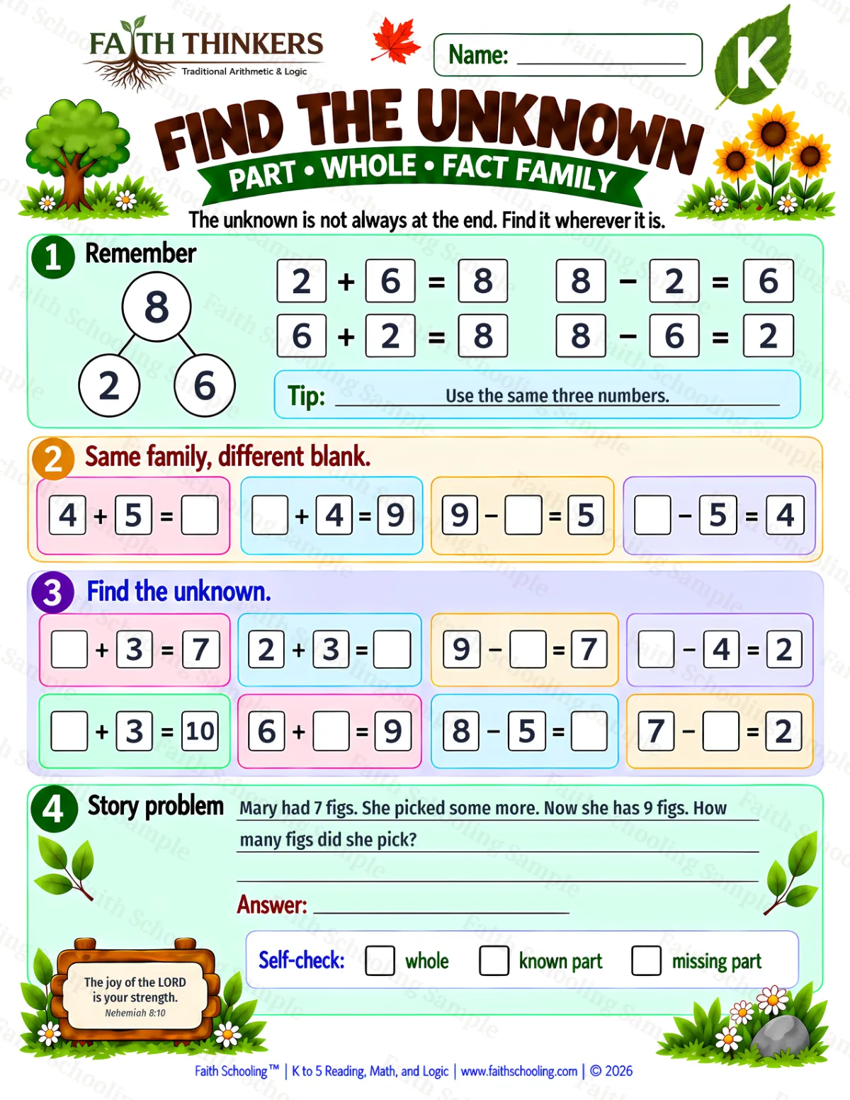 Kindergarten math worksheet — Missing Parts and Comparison Practice 2 (free printable)