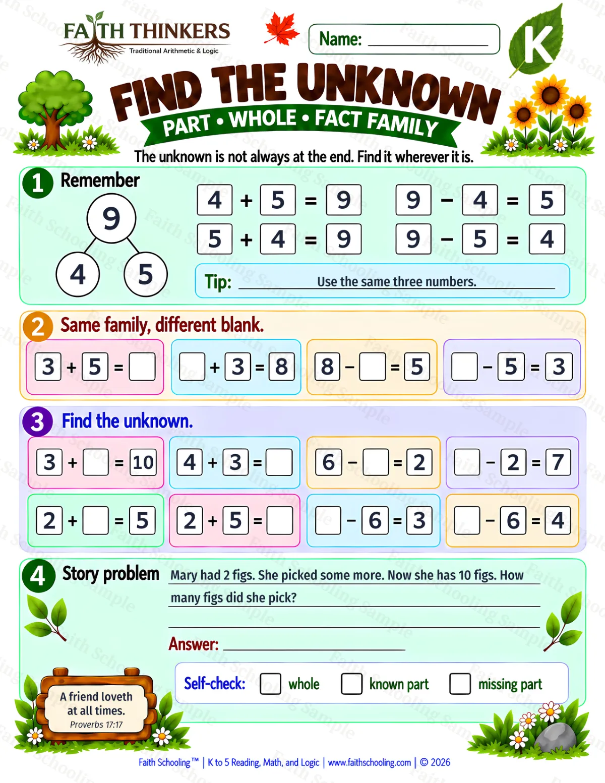 Kindergarten math worksheet — Missing Parts and Comparison Practice 3 (free printable)