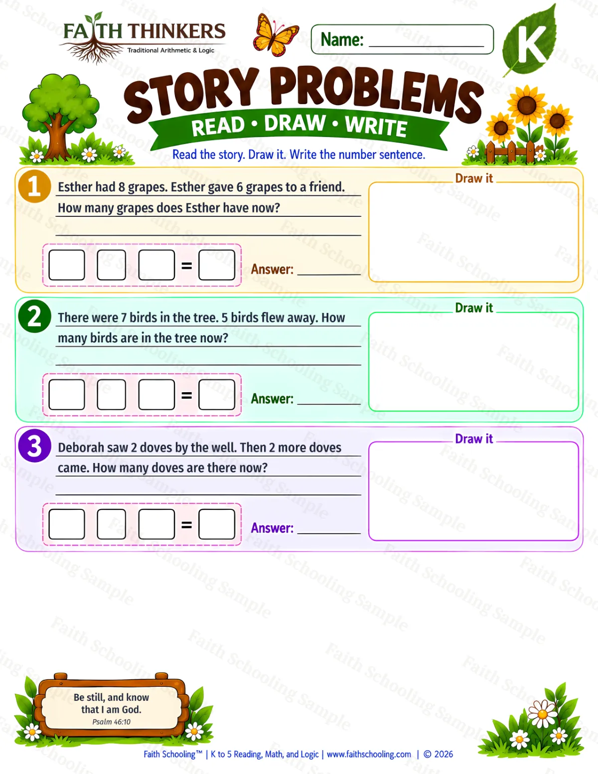 Kindergarten math worksheet — Mixed Operation Word Problems Practice 1 (free printable)
